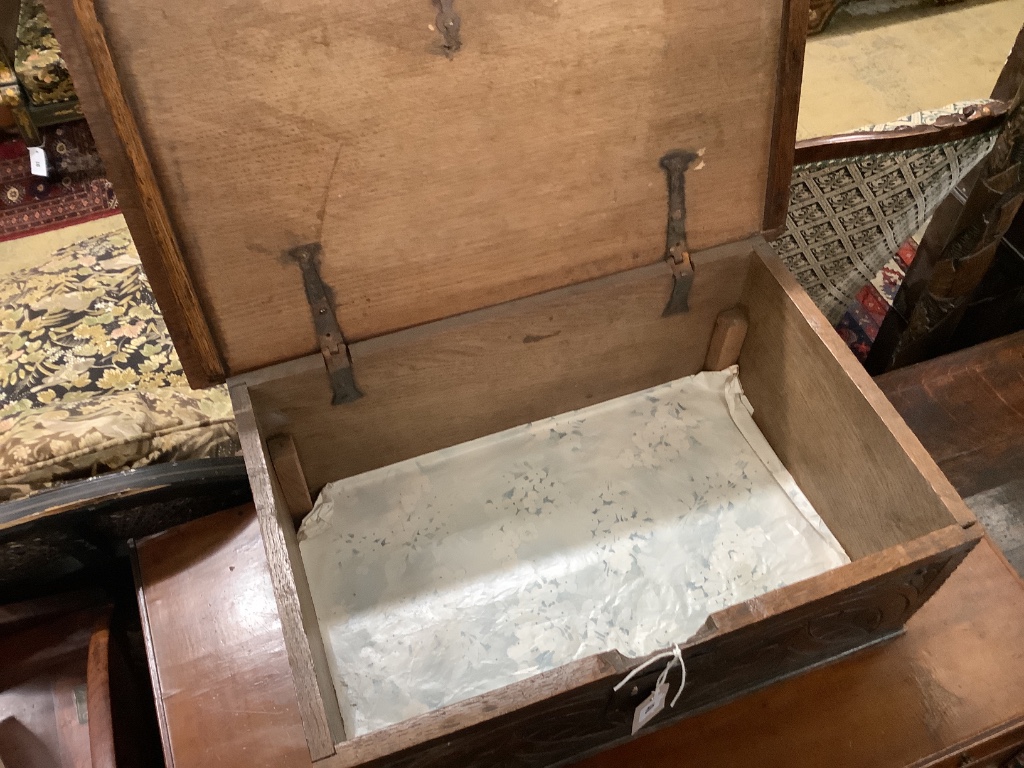 An early 18th century carved oak bible box, width 56cm depth 36cm height 20cm